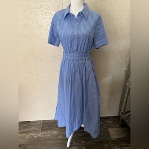 Light Blue Striped Midi Shirtdress with Elastic Waist